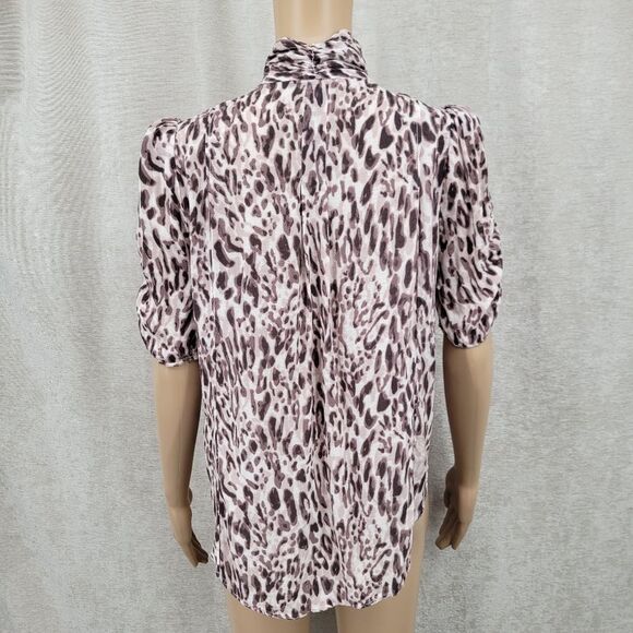Maeve Anthropologie Pleated Animal Leopard Print Blouse Top Short Ruched Sleeves - Picture 8 of 13